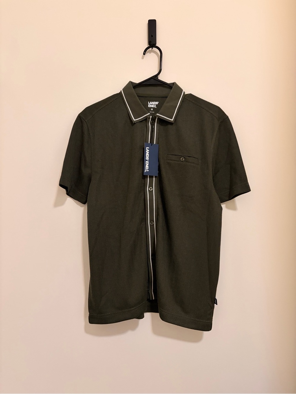 Lands' End Olive Green Short-Sleeve Polo with Contrast Trim
